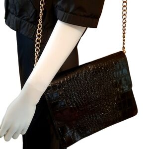 8 by YOOX Black Croc Embossed Leather Flap Front Convertible Bag GHW